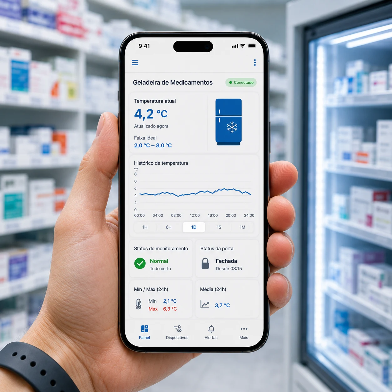 Dashboard Data IoT no smartphone para monitoramento remoto de temperatura