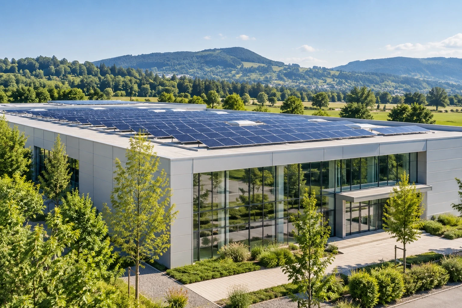 Edificio contemporaneo con impianto fotovoltaico, circondato dal verde. Immagine illustrativa generata con IA.