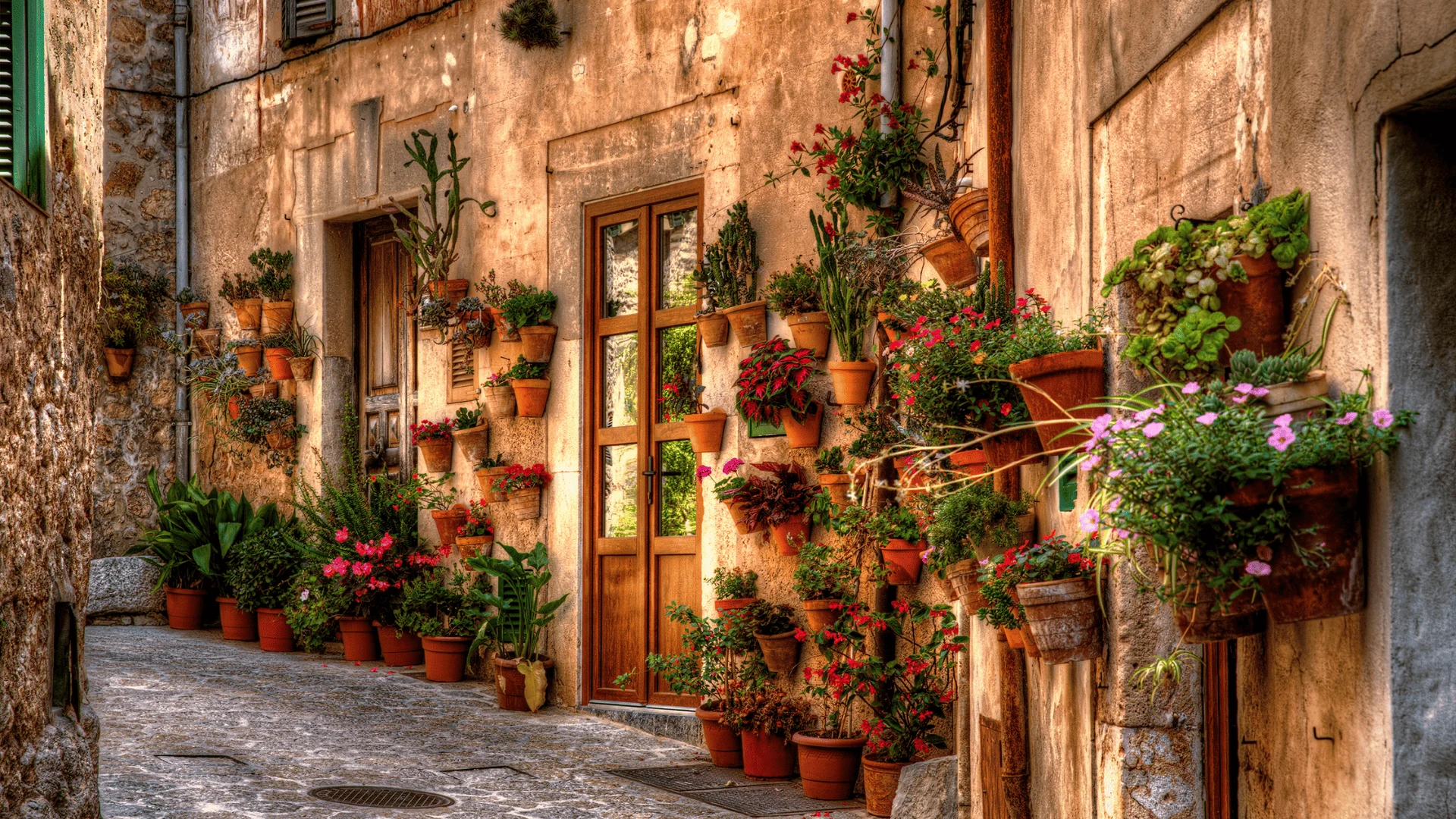 Valldemossa cobbled street with bougainvillea, green shutters, and honey-coloured stone buildings, a timeless Mallorca art retreat destination