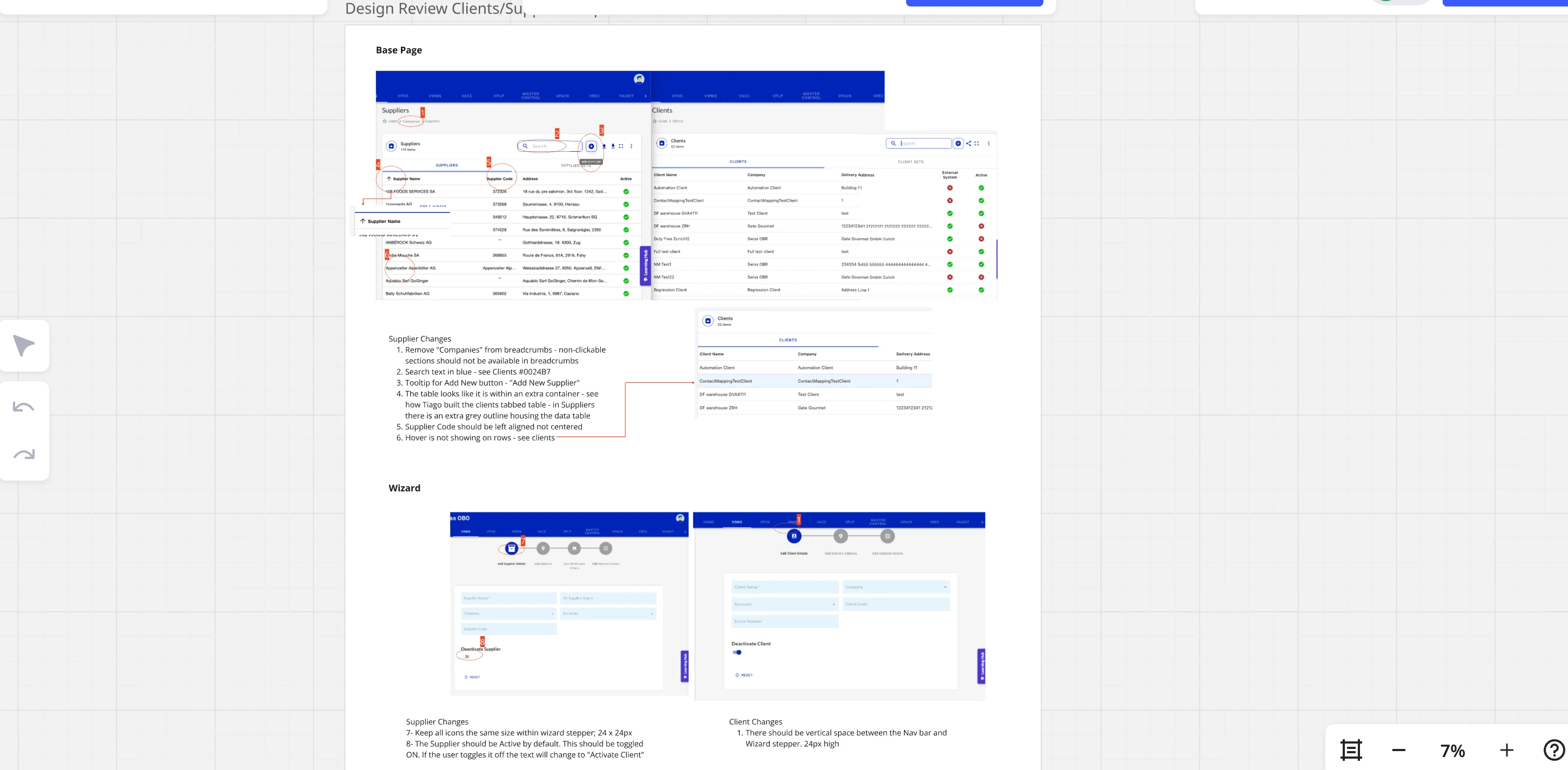 Design Review · Clients & Suppliers Feedback Board Design review clients and suppliers Miro board — base page, supplier and client tables, wizard stepper, and detailed change notes with annotated UI feedback