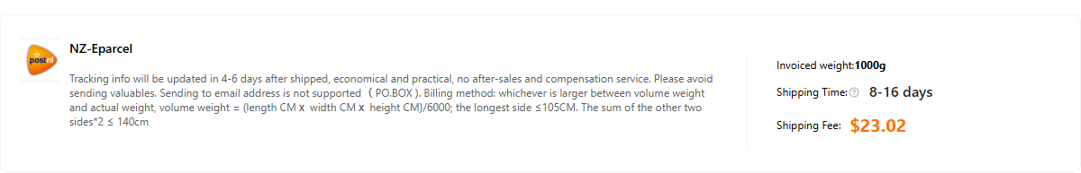 SUGARGOO NZ-Eparcel result showing 1000 g, 8 to 16 days and 23.02 US dollars