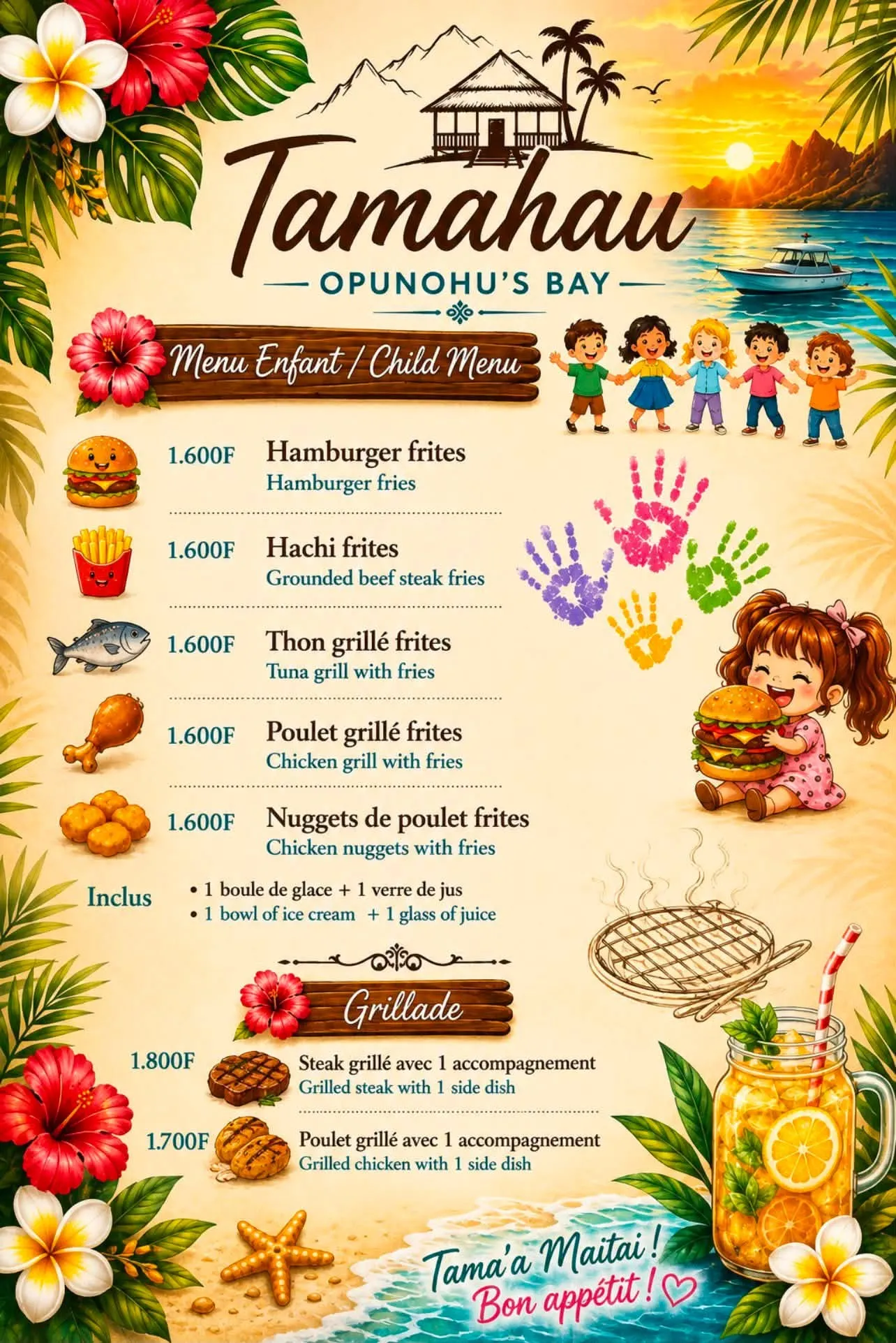 Carte Tamahau — menu enfant et grillades