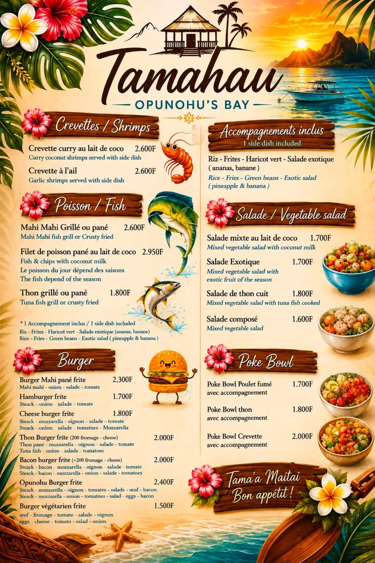 Carte Tamahau — crevettes, poisson, burgers, salades et poke bowls