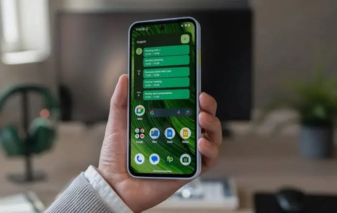 Fairphone in de hand met werk- en privé-apps op het scherm