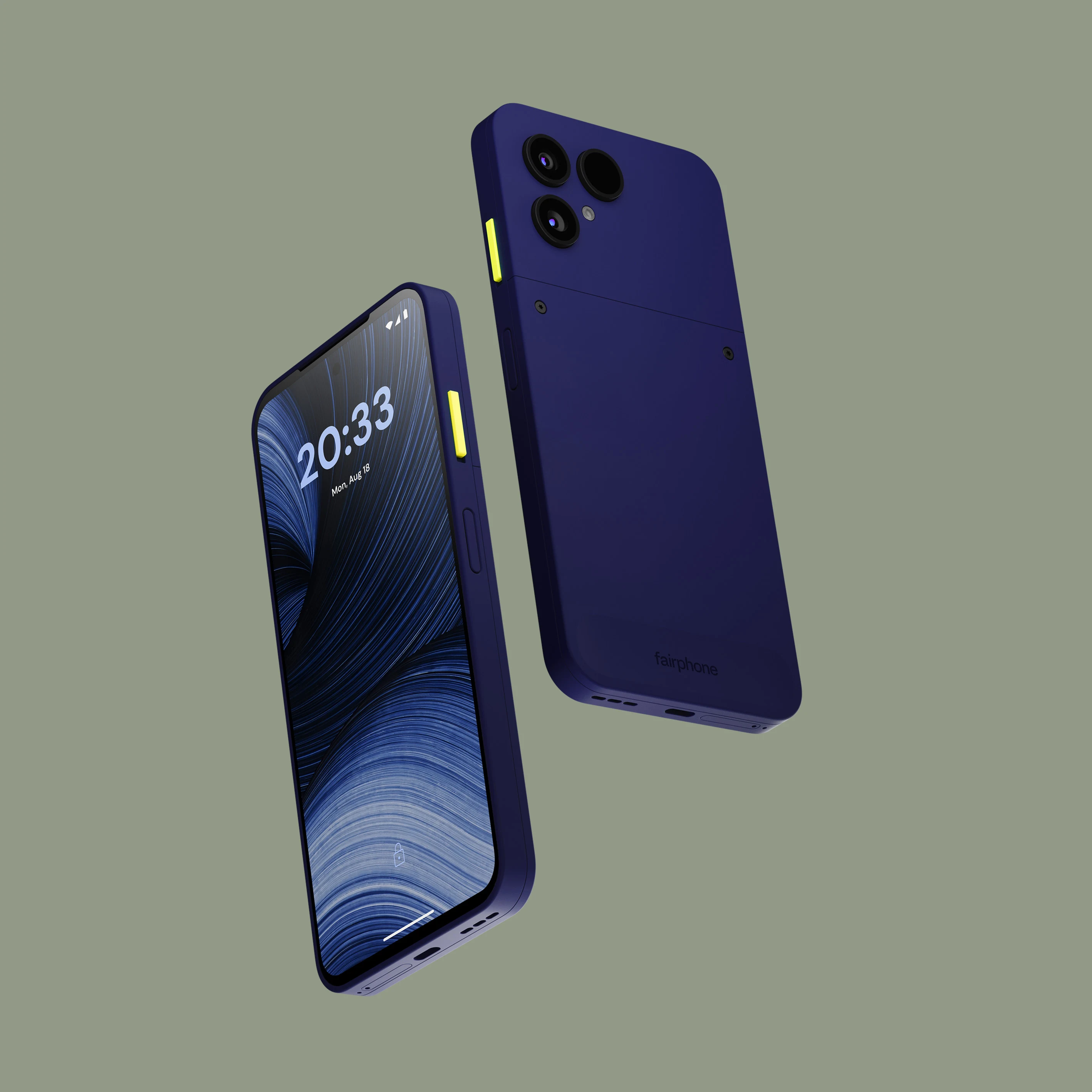 Fairphone 6 in donkerblauw: voor- en achterkant met de cameramodule