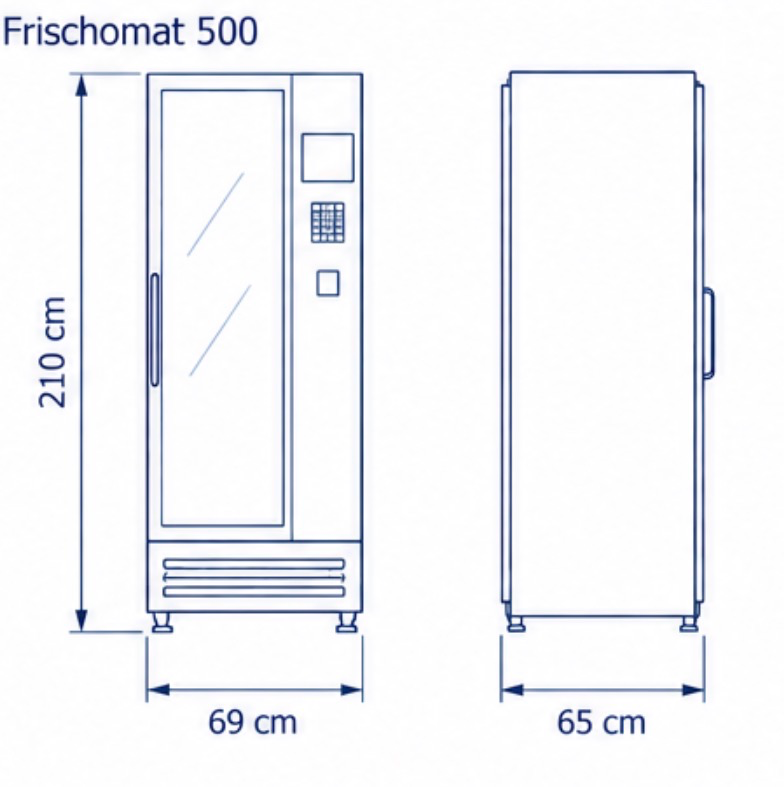 Masszeichnung Frischomat 500 – Front- und Seitenansicht mit Höhe, Breite und Tiefe von Dä Snäckomat