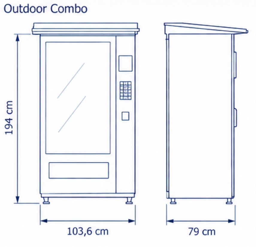 Masszeichnung Outdoor Combo – Front- und Seitenansicht mit Höhe, Breite und Tiefe von Dä Snäckomat