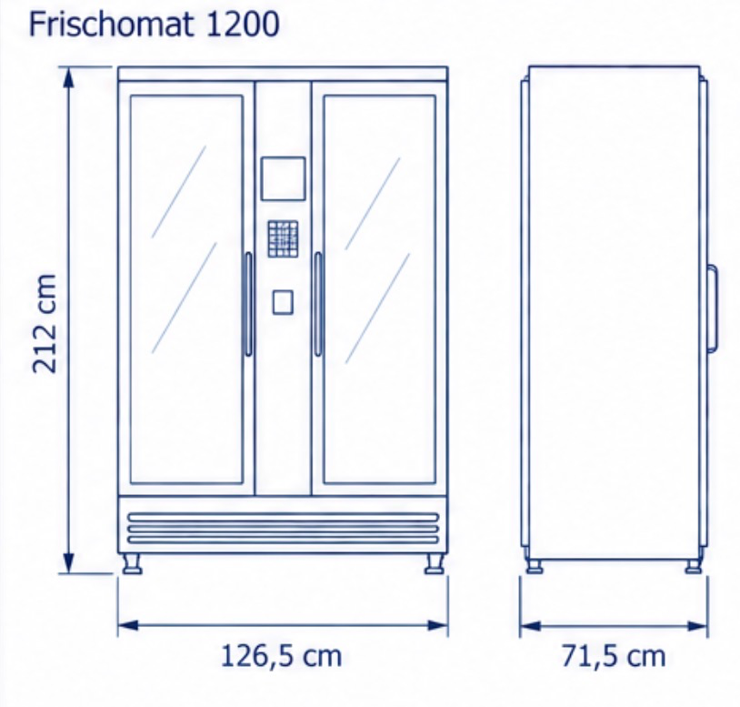 Masszeichnung Frischomat 1200 – Front- und Seitenansicht mit Höhe, Breite und Tiefe von Dä Snäckomat