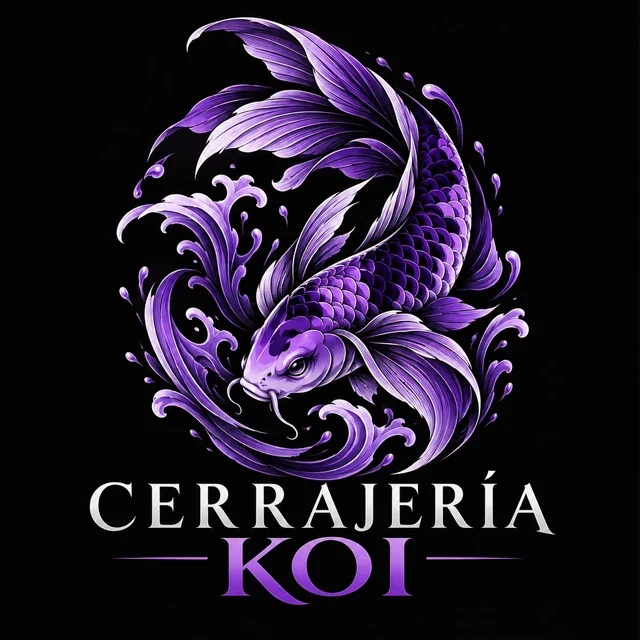 Logotipo de Cerrajería Koi: un pez koi morado entre olas ornamentales