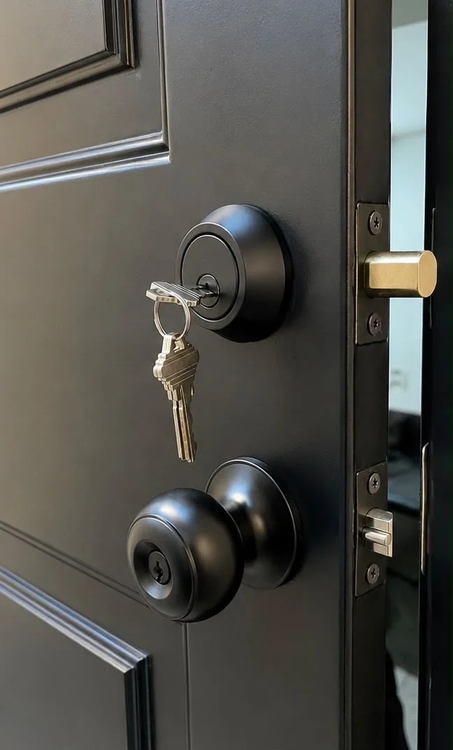 Puerta negra con cerrojo de seguridad con llaves y perilla, junto al pestillo dorado