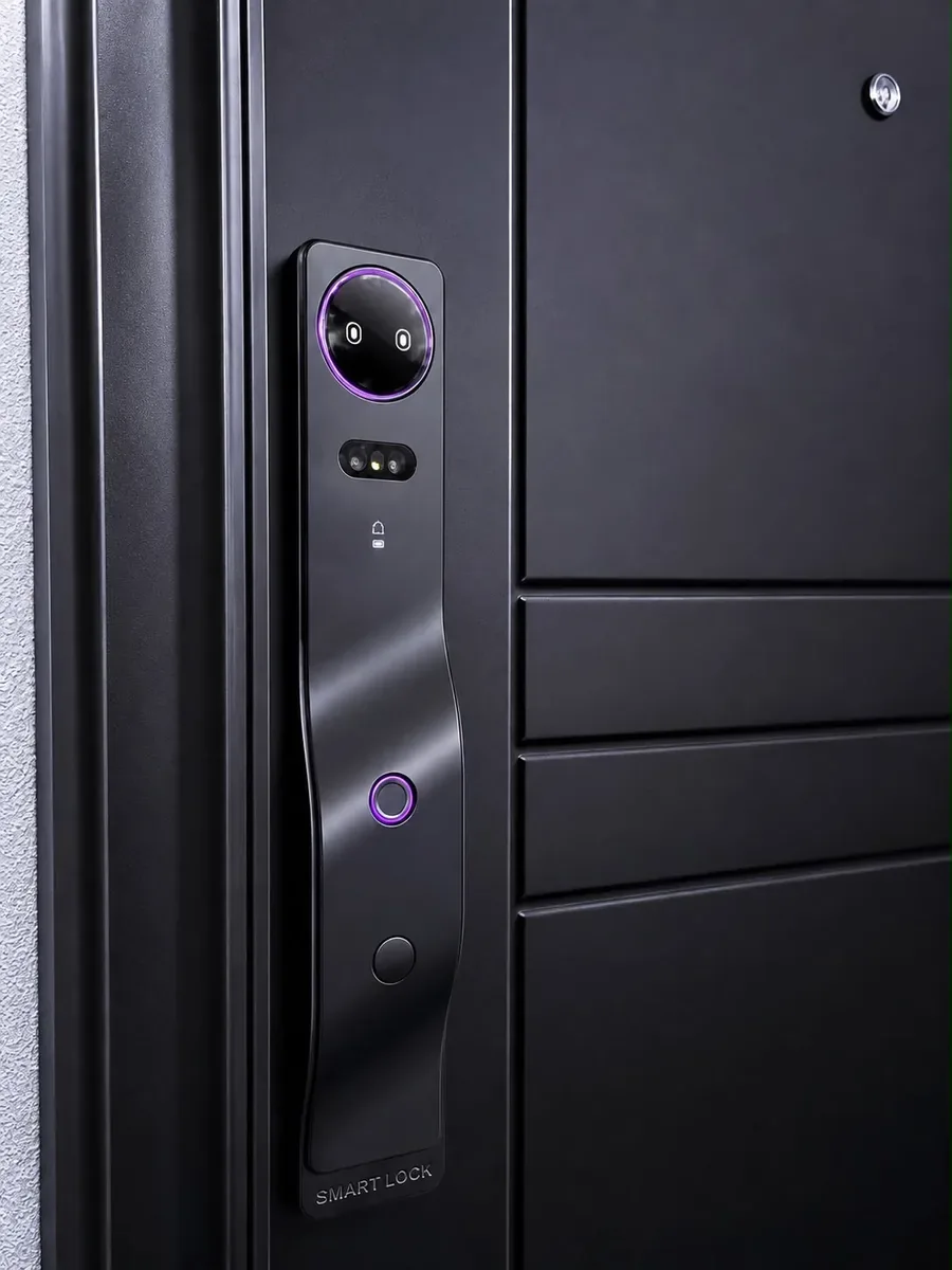 Cerradura inteligente negra con anillos de luz morada, instalada en una puerta oscura