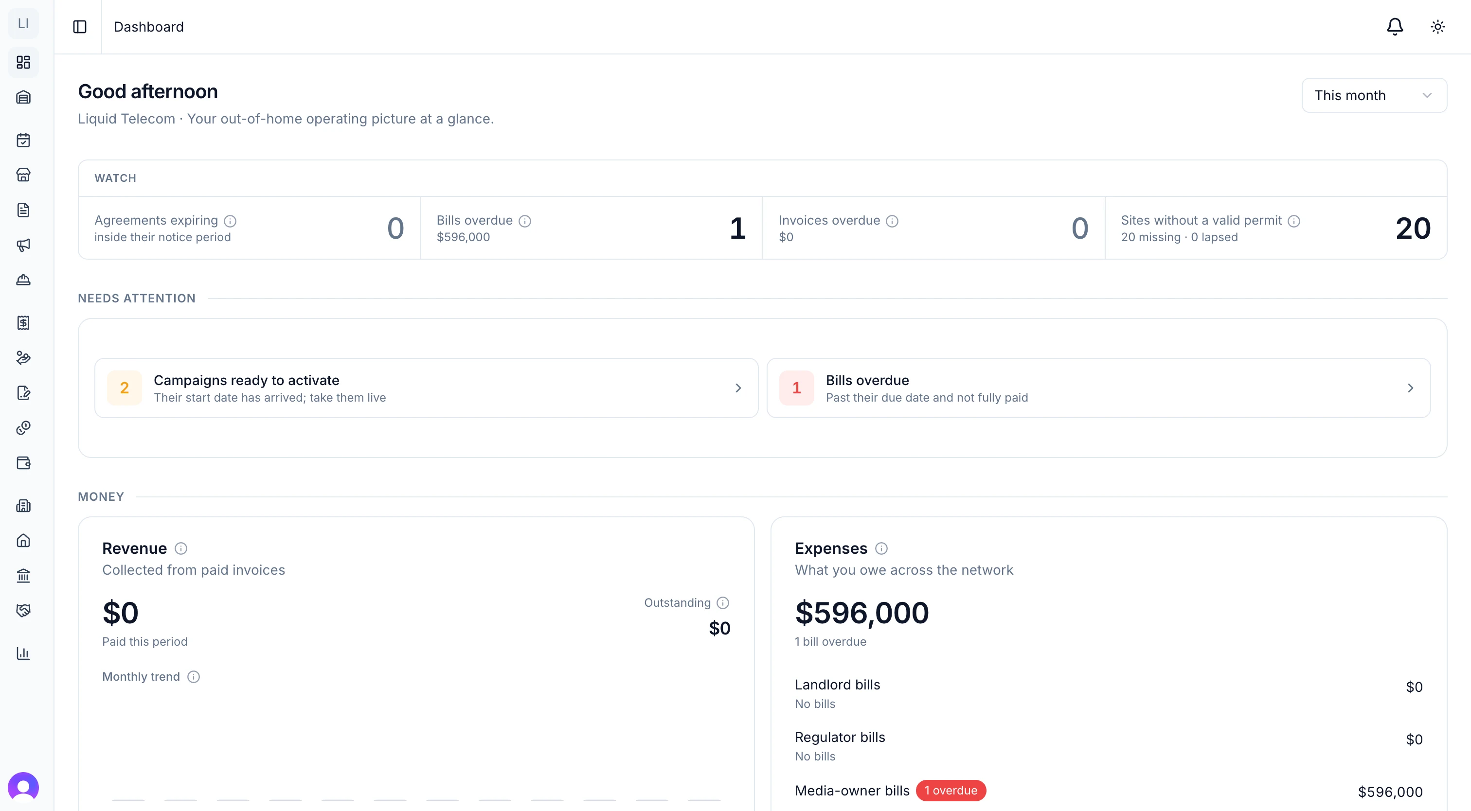OwnerHub - OOH inventory and campaign management OwnerHub dashboard showing billboard inventory, campaigns and reporting in one workspace