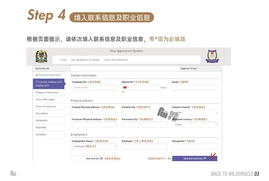 坦桑尼亚电子签证填入联系信息及职业信息第四步