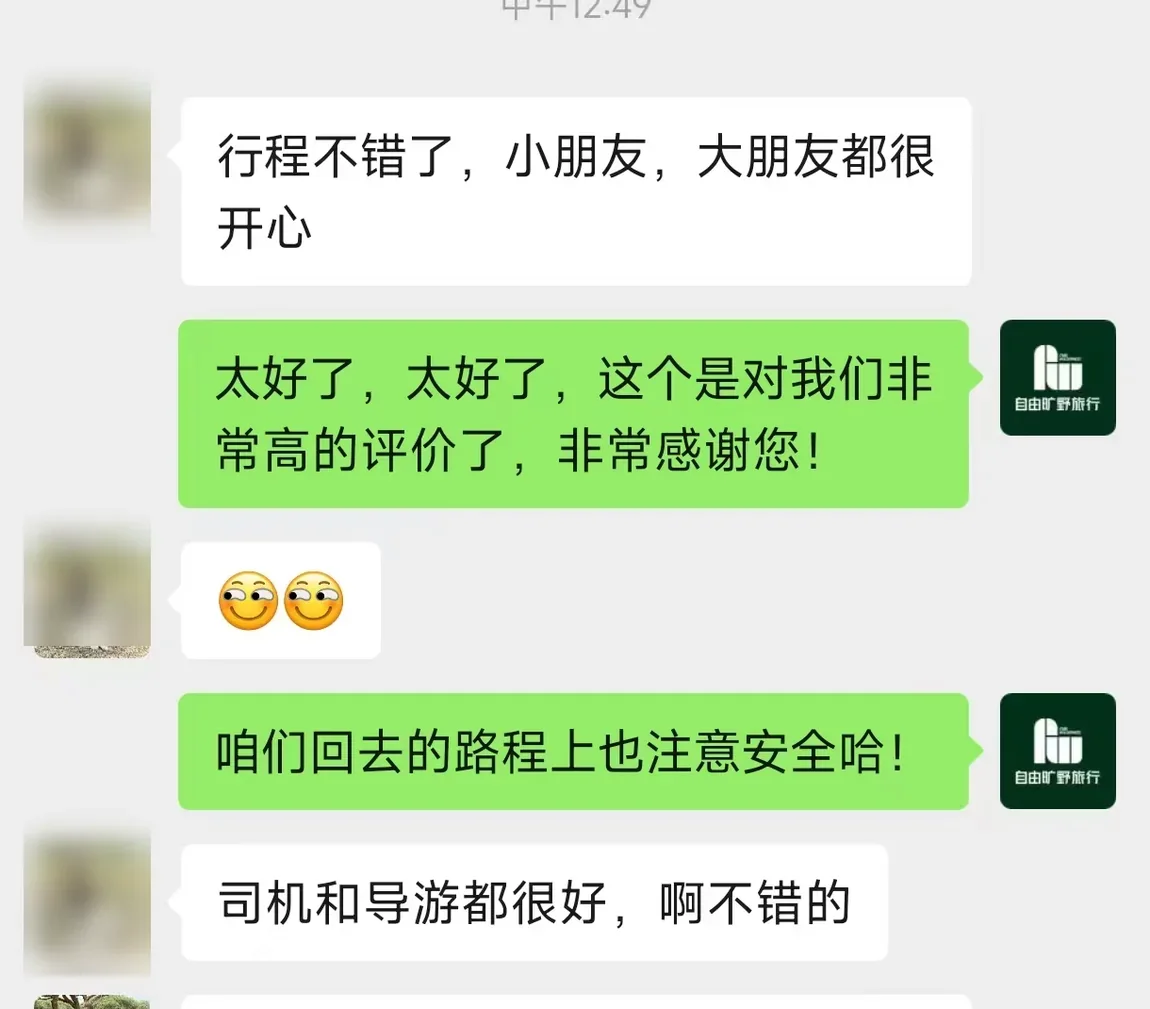 匿名客户反馈截图,客户表示小朋友和大朋友都很开心,并肯定司机与导游
