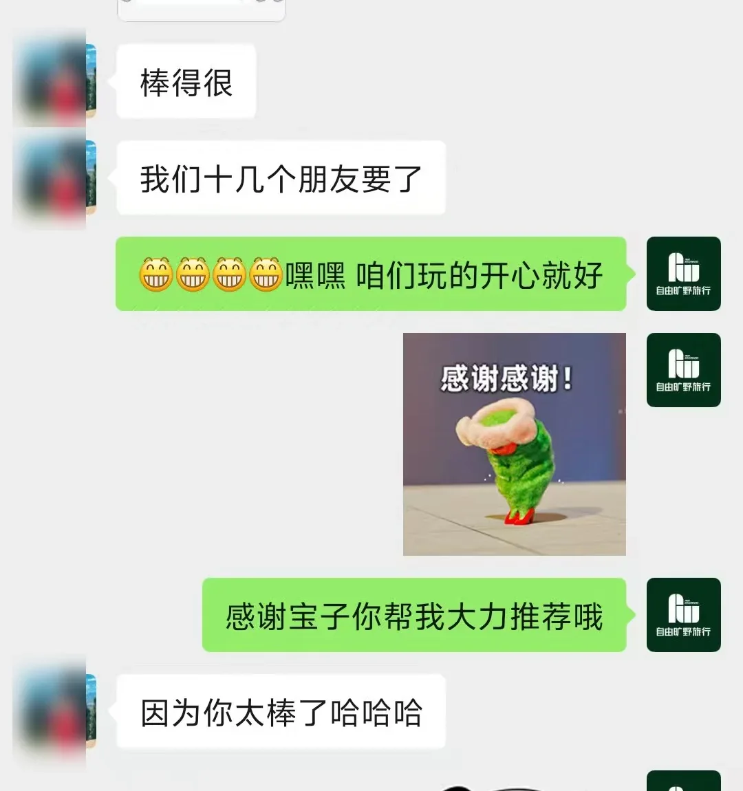 匿名客户聊天节选，客户表示多位朋友索取旅行信息并肯定本次服务