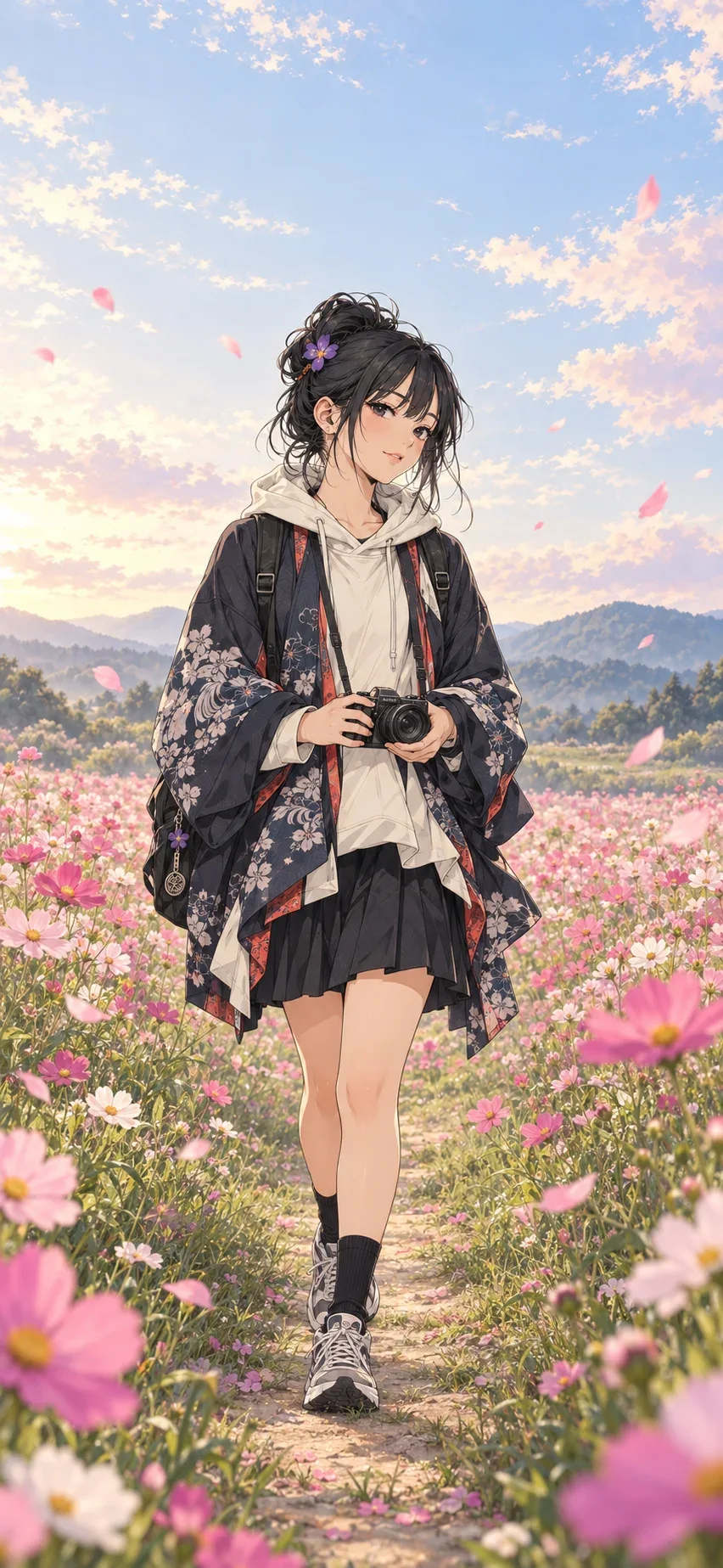 花畑にたたずむスミレ。花を探す旅のイメージイラスト。