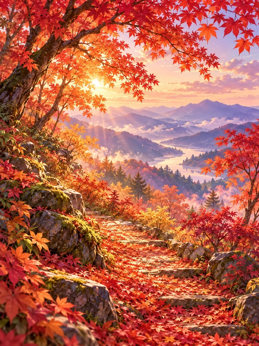 赤や金色のもみじに包まれた小道のイメージイラスト。