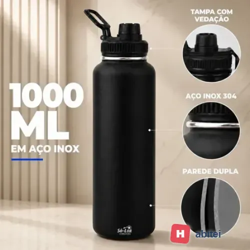 1000ml Garrafa Térmica Isolada A Vácuo Squeeze Aço Inox 304 para Água Gelada Esporte Academia com Alça e Bico Preto Sólar