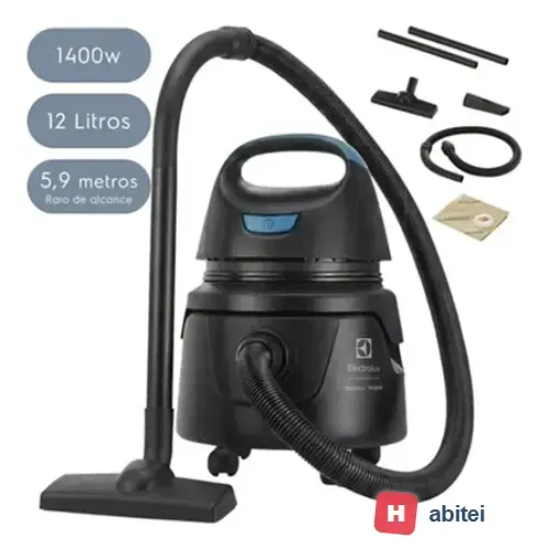 Aspirador de Pó e Água Electrolux 1400W 12 Litros 5,9 raio de ação Compacto Potente Função Sopro protetor térmico AWD01 - Preto