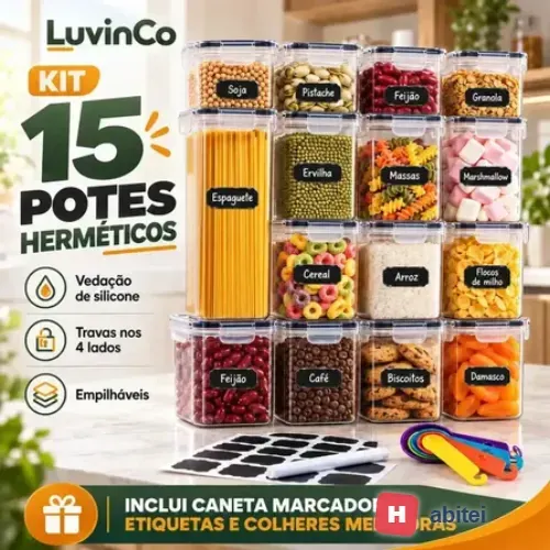 Kit 15 Potes Herméticos Mantimentos Quadrado Cozinha Tampa Trava Recipientes De Organização luvinco