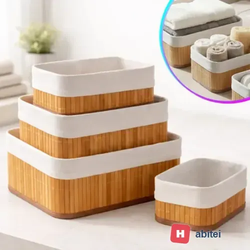 Kit 3 Cestos Bambu Organizador Com Forro Lavável Multiuso Retangular Jogo Vime Sólar Armazenador Guarda Roupa Gaveta Mesas Banheiro