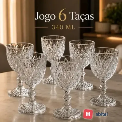 Jogo 6 Taças De Vidro Diamond 340 ml Com Pé Lapidadas Transparentes Textura Diamante Em Relevo Para Vinho Água Suco Espumante Champanhe Gin E Drinks Kit Conjunto Cálice De Vidro Lapidado 6 Unidades