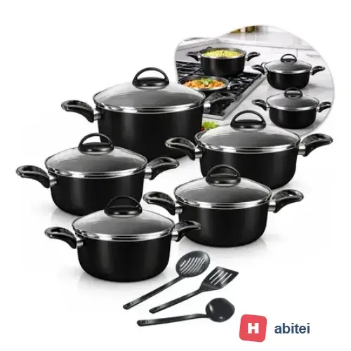 Conjunto De Panelas Caçarolas 5 Peças Antiaderente Com 3 Utensilios E Tampa De Vidro Preto