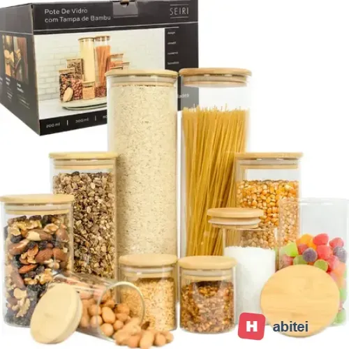 Kit 10 Potes Herméticos Vidro Tampa Bambu Seiri Para Mantimentos Cozinha