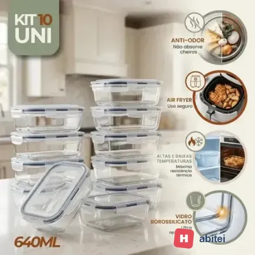 Kit 10 Potes Vidro Hermetico Vai Ao Forno Microondas 640ml Marmita Hermético Freezer Fitness Rishon