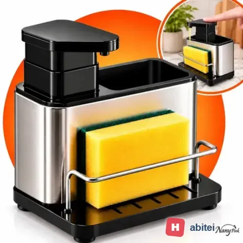 Dispenser Porta Detergente 3 em 1 em Aço Inox com Porta Esponja e Utensílios Organizador de Pia para Cozinha e Sabão Líquido - Nany Pink