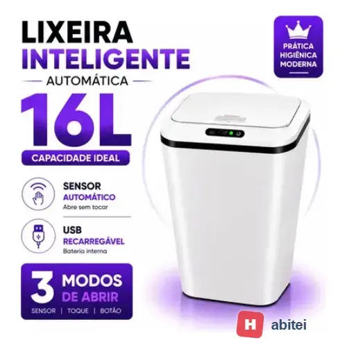 Lixeira Inteligente Automática 16L Sensor Infravermelho Recarregável USB-C 3 Modos Tampa Touch Banheiro Cozinha