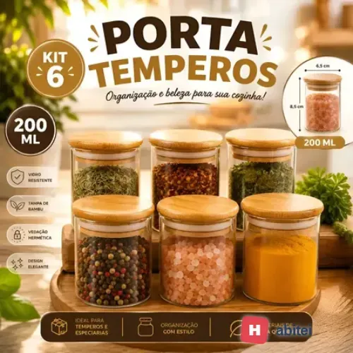 Kit 6 Pote Vidro Porta Temperos Hermético Cozinha Organiza V Vidro/tampa De Bambu