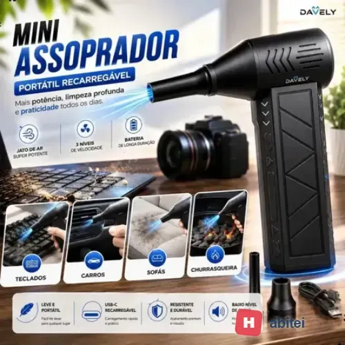 Mini Ventilador Soprador Ar Potente Turbo 130000rpm Assoprador Elétrico Sem Fio Recarregável USB-C 3 Níveis Jato Forte Portátil Multiuso Limpeza Teclado Carro Acende Churrasqueira Davely