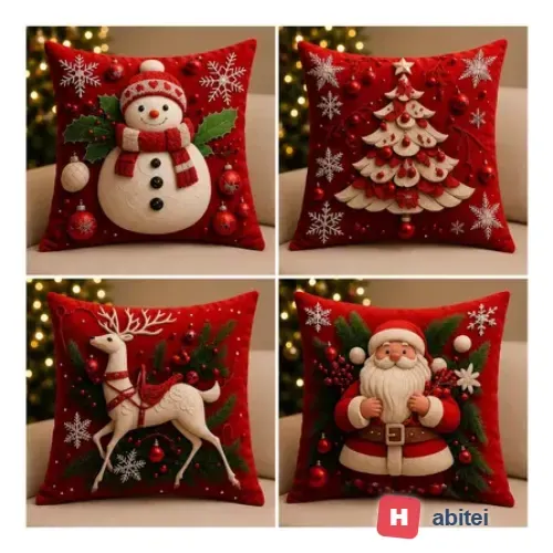 Kit 4 Capas De Almofadas Decorativas 45x45 - Estampadas Natal Vermelha
