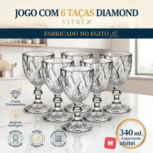 Jogo 6 Taças de Cristal 340ml Diamond Transparente vidro