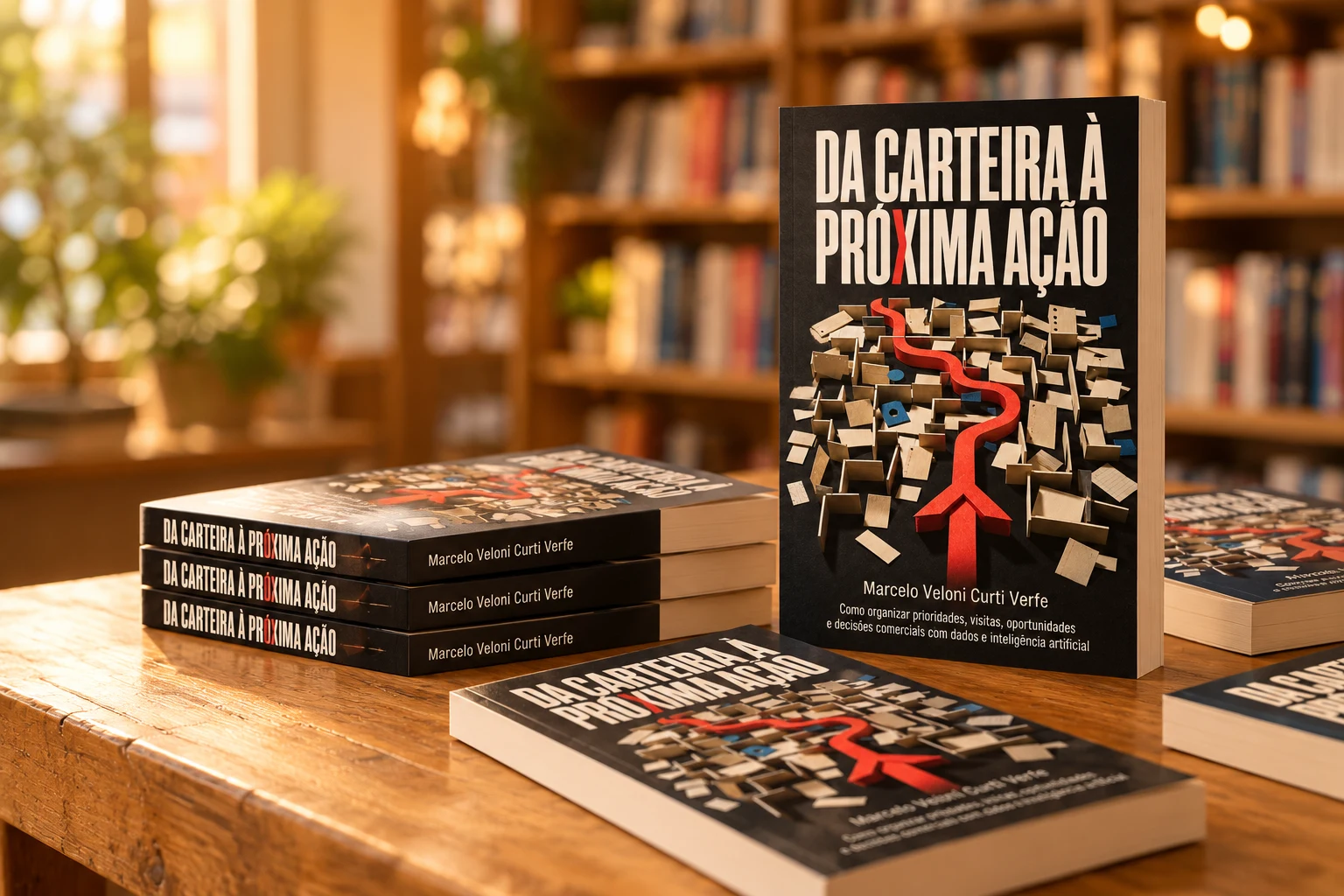 Exemplares do livro Da Carteira à Próxima Ação sobre uma mesa de madeira