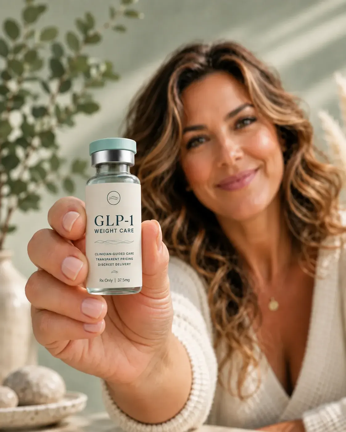 Surfbound Health GLP-1 Weight Care — Online Treatment Woman holding a Surfbound Health GLP-1 Weight Care treatment vial — online semaglutide treatment with transparent pricing