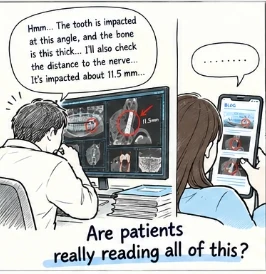Do patients really read all of this? A patient browsing blog photos while the dentist studies the CT scan