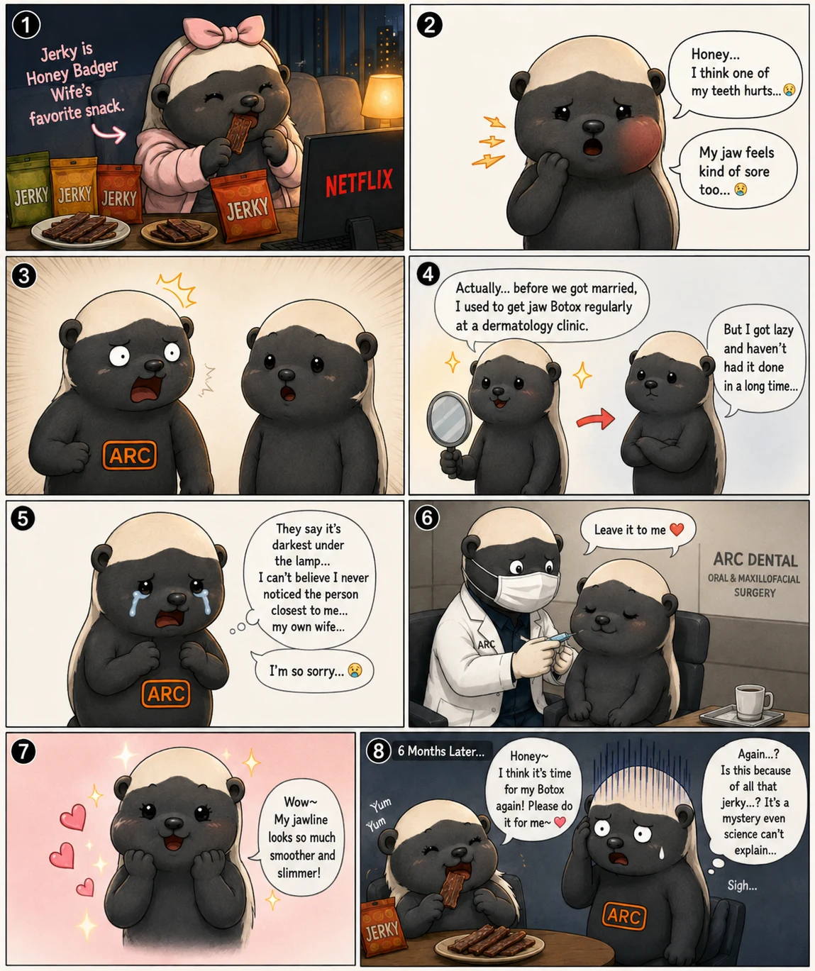 ARC COMIC #01 - The Fate of a Honey Badger Who Loved Beef Jerky Too Much - A humorous 8-panel comic about jaw Botox