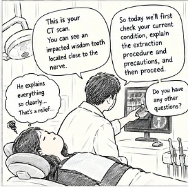 Explaining the CT scan before treatment Explaining the CT scan of an impacted wisdom tooth to a patient