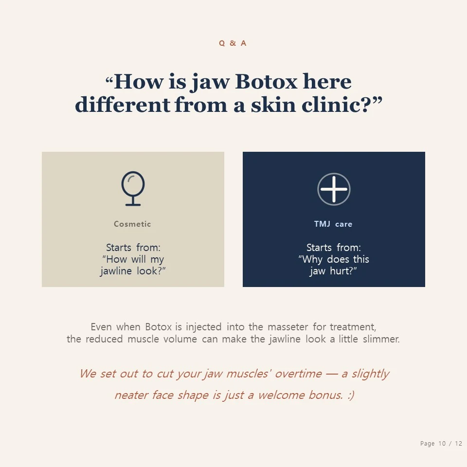 Jongno jaw botox - how is jaw botox here different from a skin clinic Jongno jaw botox - how is jaw botox at a dental clinic different from a skin clinic cosmetic vs TMJ care
