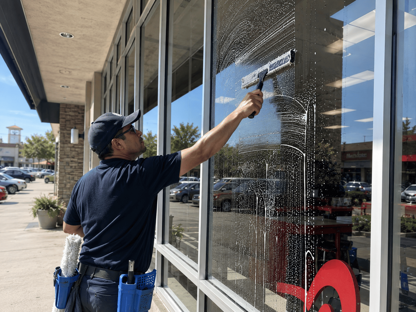 Professional window cleaner washing commercial storefront windows in Modesto, CA