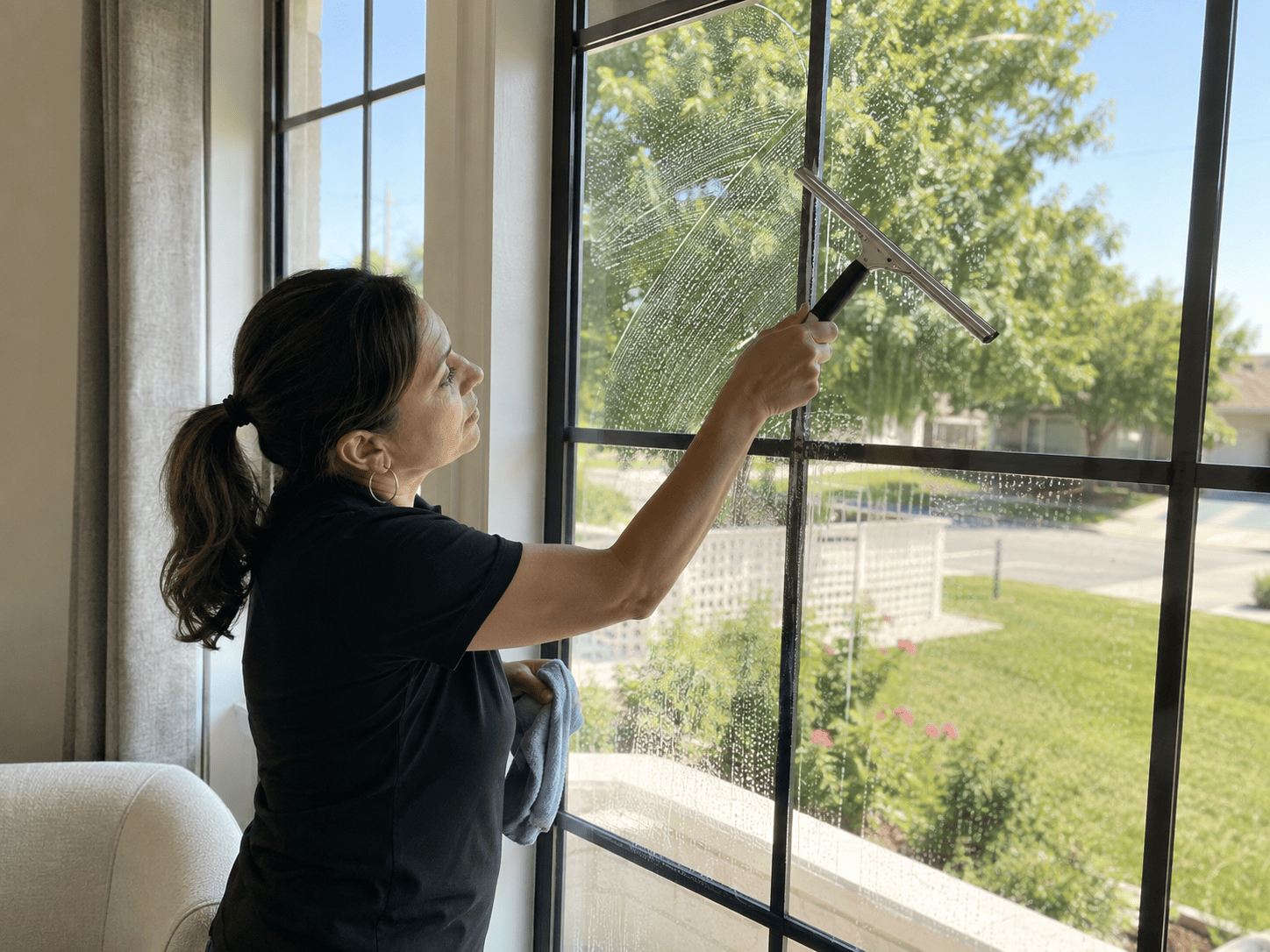 Professional window cleaner cleaning interior windows at a residential home in Modesto