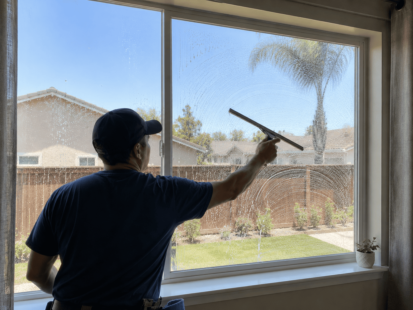 Professional window cleaner washing interior windows from inside a home in Modesto