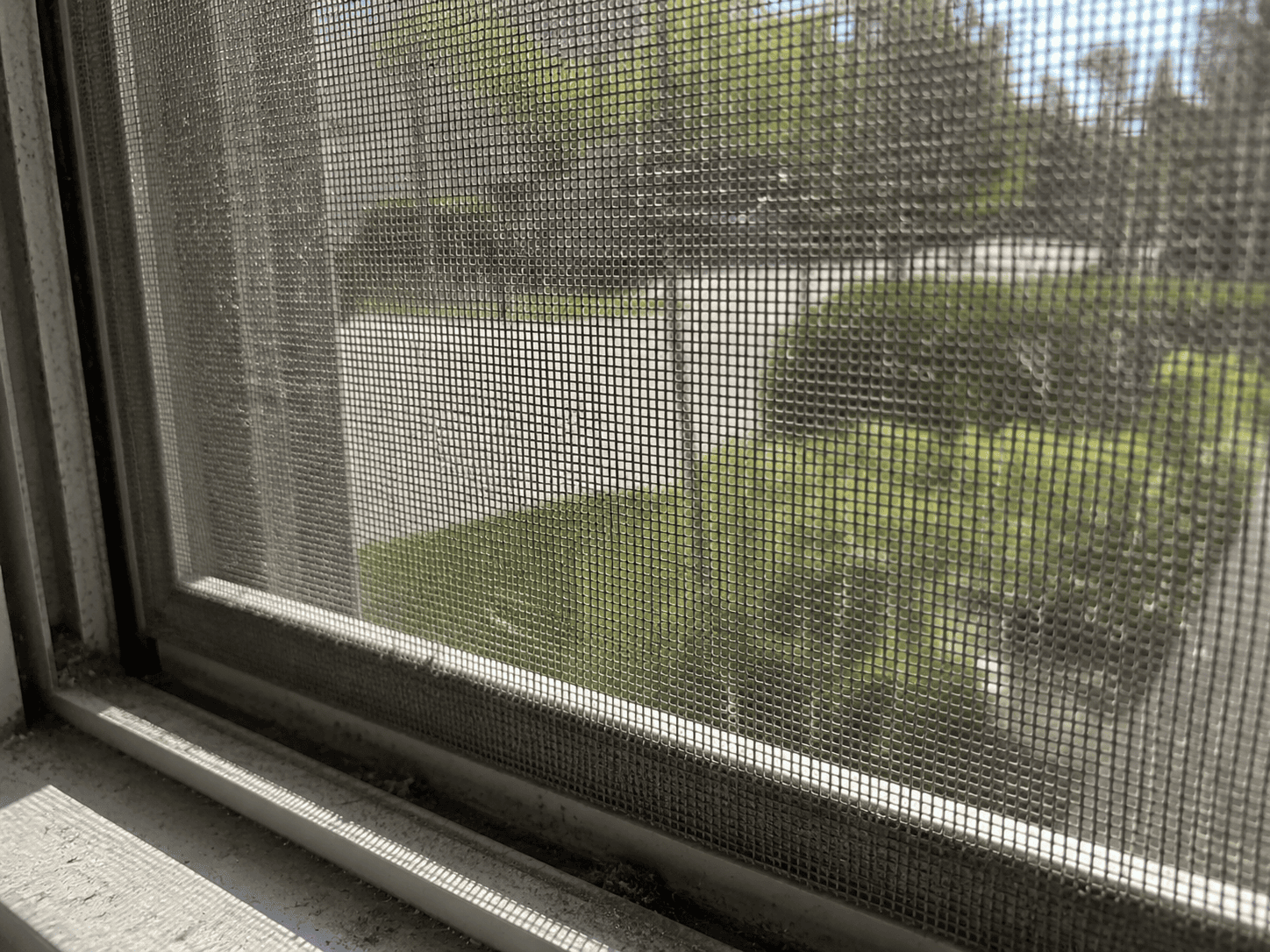 Close-up of a dirty window screen and track in need of professional cleaning in Modesto