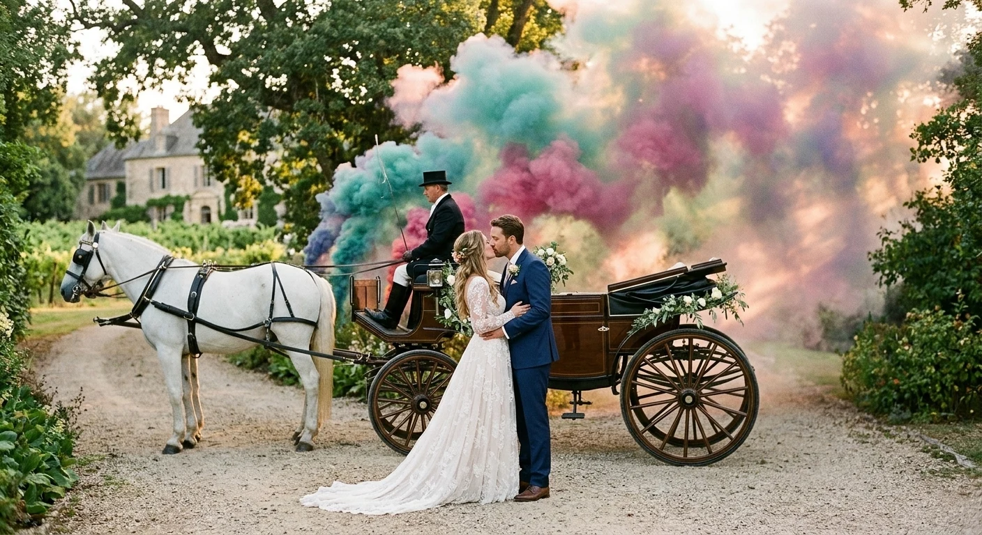 Novios con carruaje y humo de colores