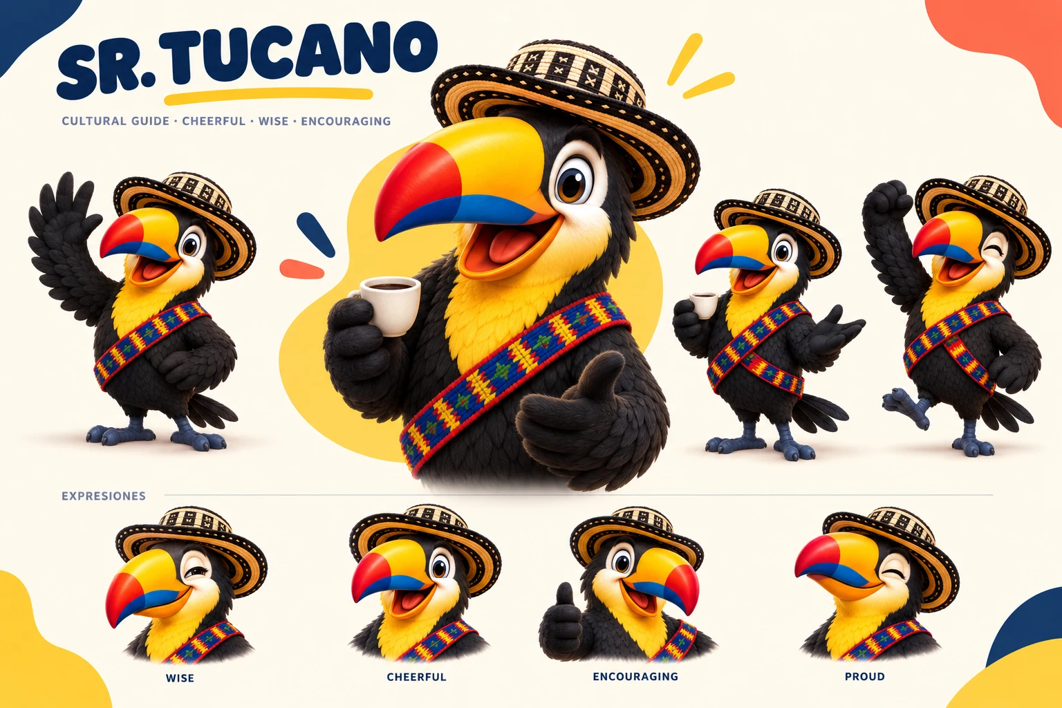 A character direction board for Sr. Tucano, the cheerful Colombian guide, a black tucano with a red and yellow beak wearing a sombrero vueltiao and a woven Colombian sash, shown holding a tinto and in poses labelled wise, cheerful, encouraging and proud.