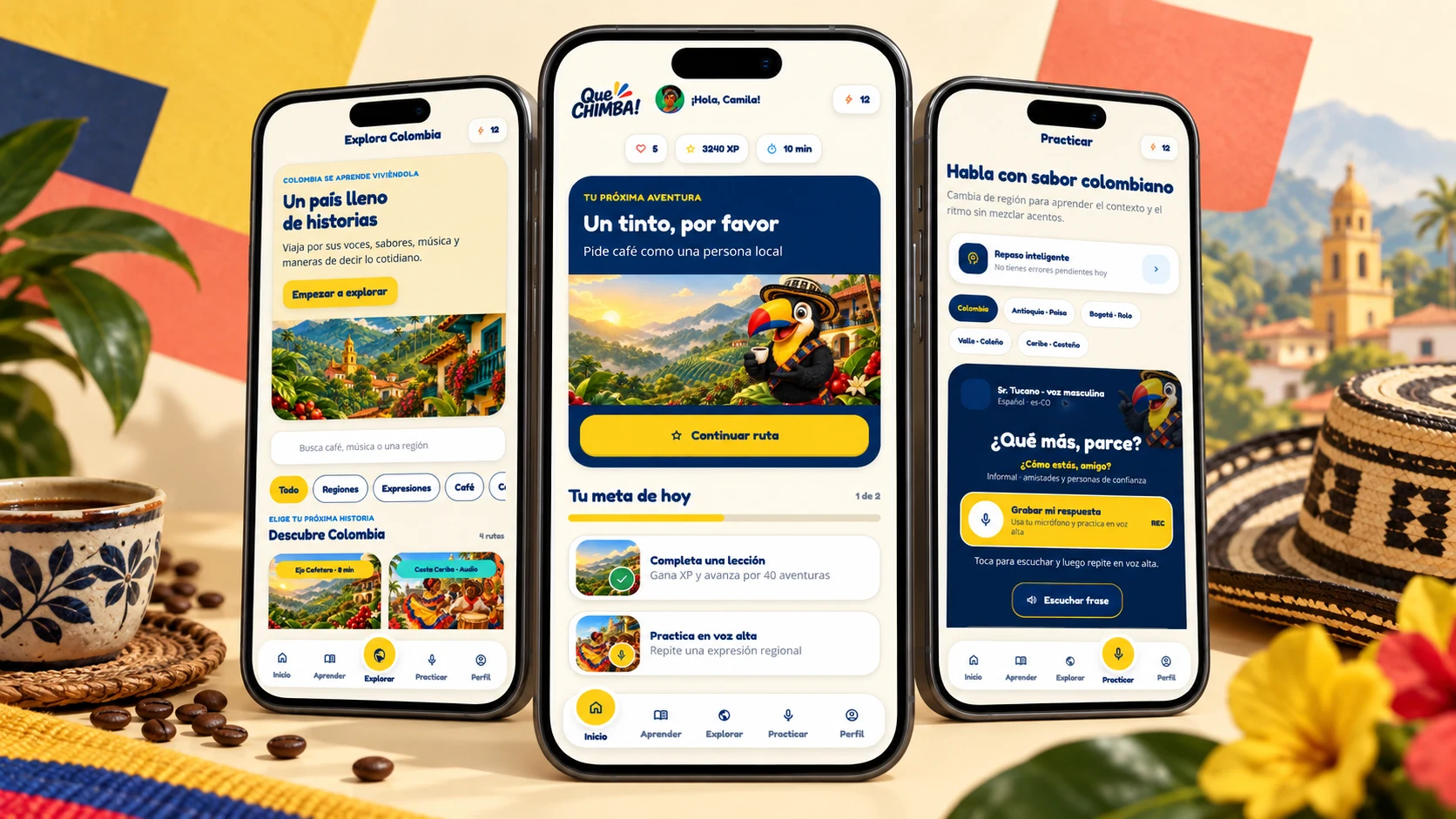 A presentation mockup on a warm cream stage with Colombian props that brings together three verified live screens: Explora Colombia on the left, the learner Home with the Un tinto, por favor adventure in the centre, and Practicar regional voice practice on the right.