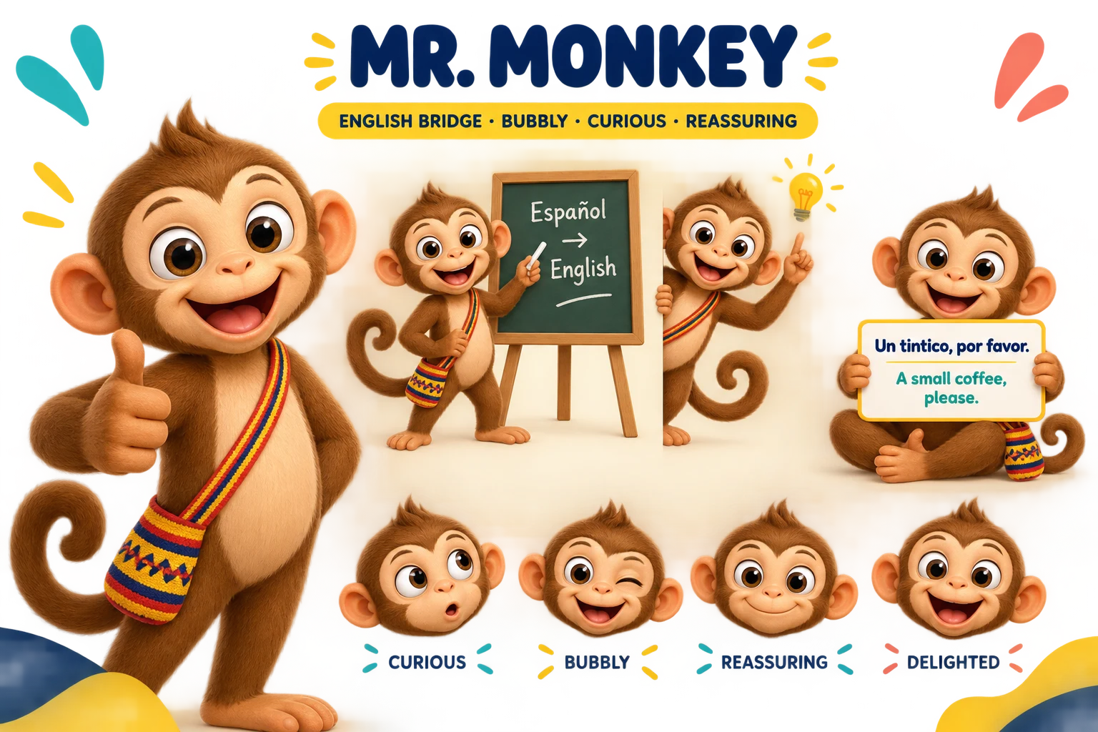 A character direction board for Mr. Monkey, the bilingual English Bridge guide, a warm-brown monkey with a hair tuft, curled tail and a Colombian woven sash, shown at a chalkboard labelled Español to English and in expressions labelled curious, bubbly, reassuring and delighted.