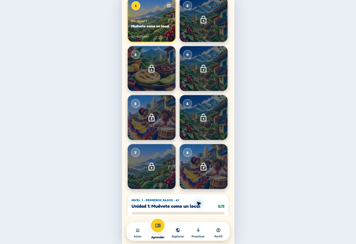 Live Que Chimba deeper learning-path state showing locked levels two through eight stacked along the map of Colombia, each carrying its own regional cultural artwork, with a progress counter and locked lesson states above the bottom navigation.